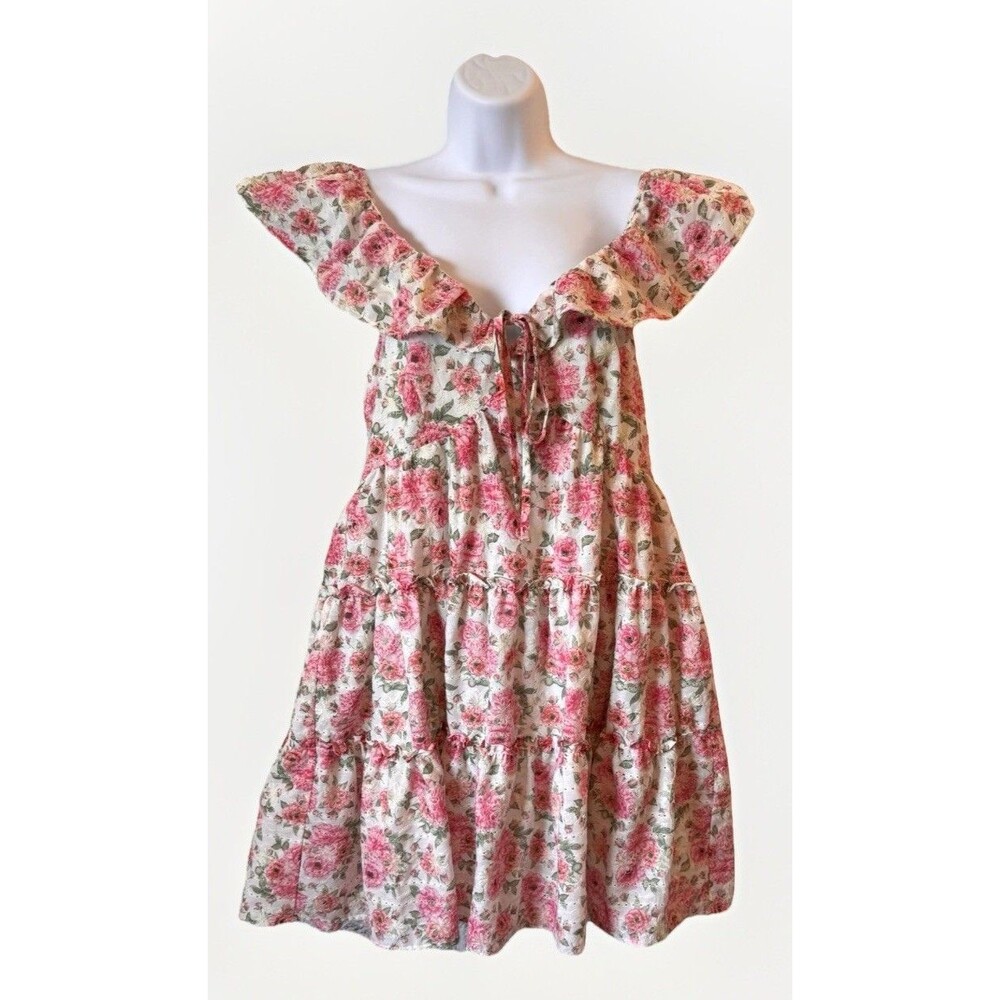 Just Me Dress Size Large Mini Floral Pink‎ Lined Cottagecore Flutter Sleeve